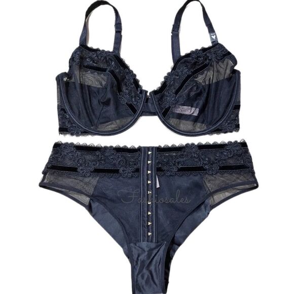 Victoria’s Secret LUXE Sexy Mesh Lace Velvet Unlined Demi bra & Cheeky 36DDD / L